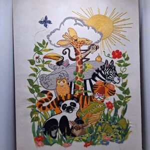 Handmade 70s Nursery Finished Animal Kingdom Crewel Kit Zoo Safari Jungle 18x23